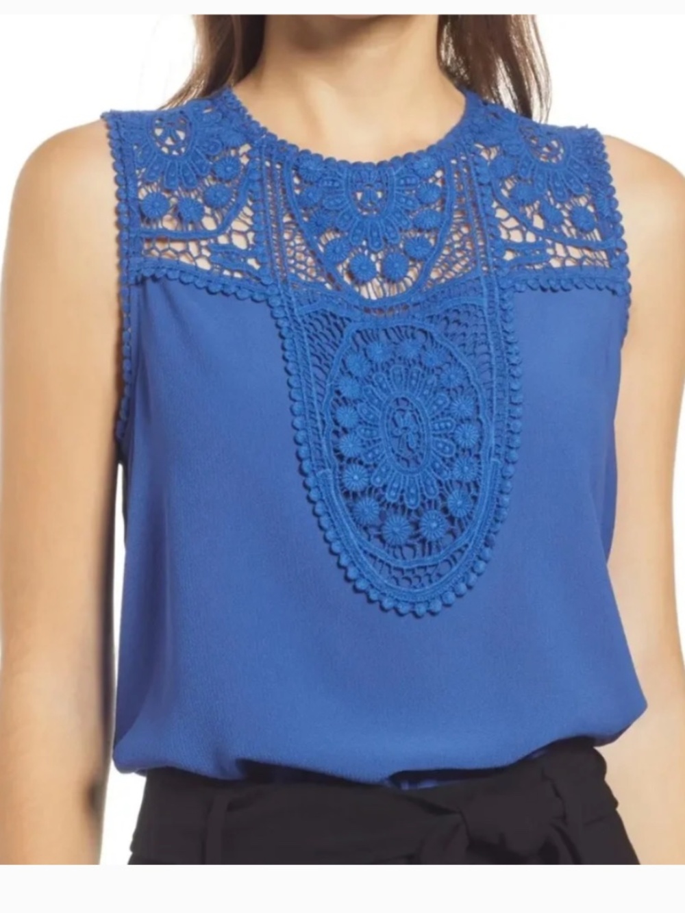 Halogen Blue Mazarine Lace Yoke Crepe Sleeveless Top Size Medium